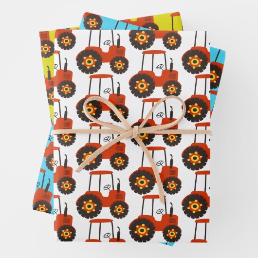 キッズレッドトラクター誕生日ブルーイエローホワイト ラッピングペーパーシート (インサイチュ)