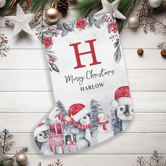 キッズレッドペンギンモノグラム名 スモールクリスマスストッキング