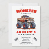キッズレッドモダンモンスタートラックバースデーパーティー 招待状 (正面)