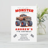キッズレッドモダンモンスタートラックバースデーパーティー 招待状 (スタンド正面)
