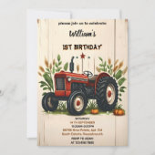 キッズレトロクールボーイトラクター最初の誕生日 招待状 (正面)