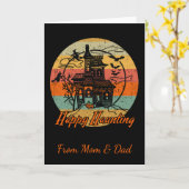 キッズレトロハロウィーンハッピーハーンハ幽霊のよく出るーニングハウス カード (黄色い花)