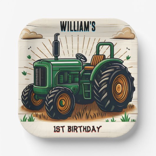 キッズレトロ男クールの子トラクター最初の1歳の誕生日 ペーパープレート (正面)