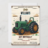 キッズレトロ男クールの子トラクター最初の1歳の誕生日 招待状 (正面)