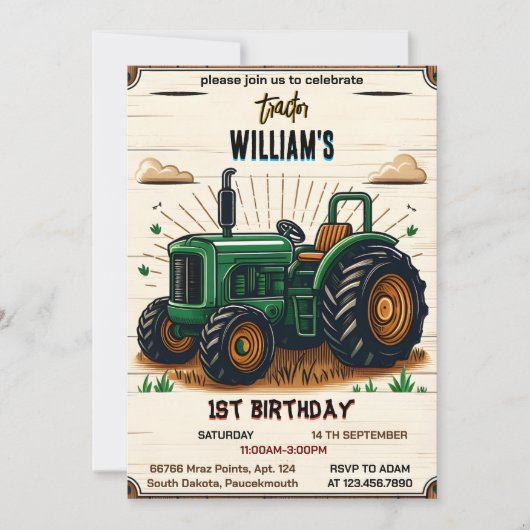 キッズレトロ男クールの子トラクター最初の1歳の誕生日 招待状 (正面)