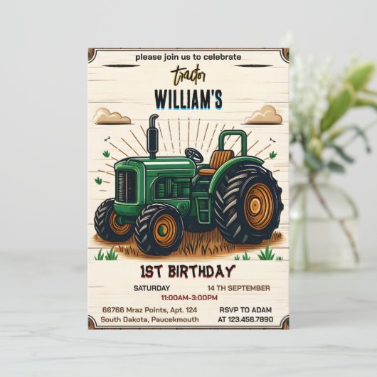キッズレトロ男クールの子トラクター最初の1歳の誕生日 招待状 (スタンド正面)