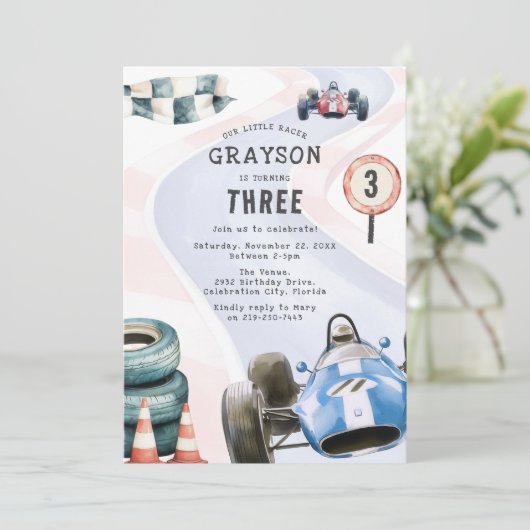 キッズレーシングカーをテーマにした誕生日パーティーの招待状 招待状 (スタンド正面)