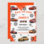 キッズレースオンオーバースピードレーシングカー誕生日 招待状 (正面/裏面)