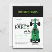 キッズレースカーグリーン誕生日パーティーへの招待 招待状 (正面)