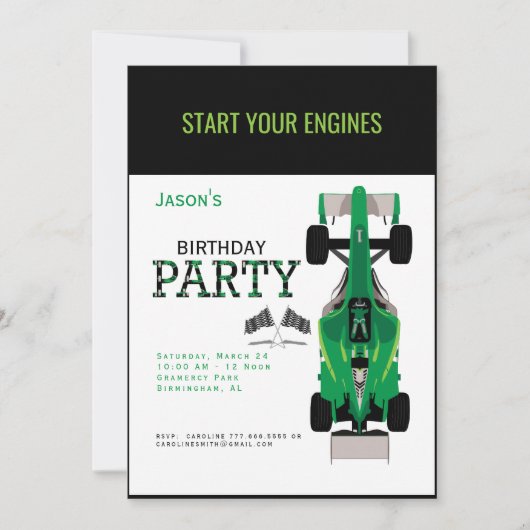 キッズレースカーグリーン誕生日パーティーへの招待 招待状 (正面)