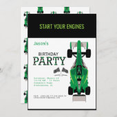 キッズレースカーグリーン誕生日パーティーへの招待 招待状 (正面/裏面)