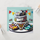キッズレースカー玩具お誕生日ケーキ カード (正面/裏面インサイチュ)