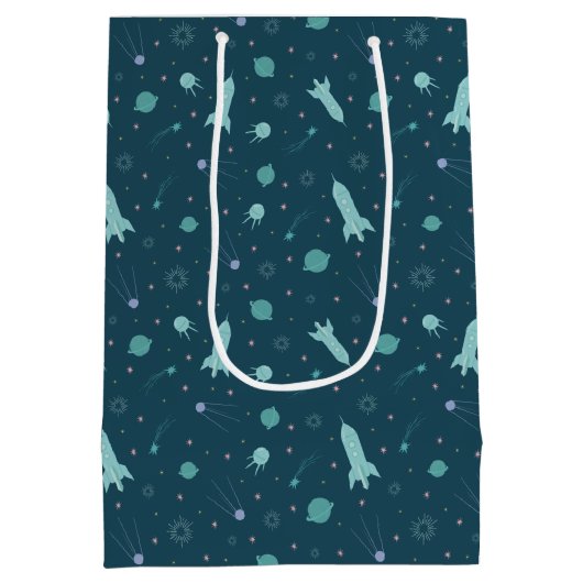 キッズロケット船から宇宙旅行土星惑星 ミディアムペーパーバッグ (裏面)