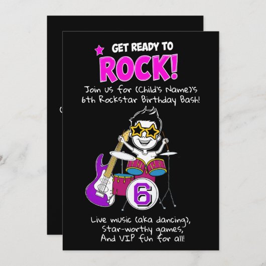 キッズロックスターをテーマにした誕生日パーティーは揺れる 招待状 (正面/裏面)