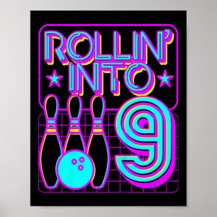 キッズローライン9ボーリングレトロボウリングをする人、 クリケットの投手9番目の誕生日 ポスター