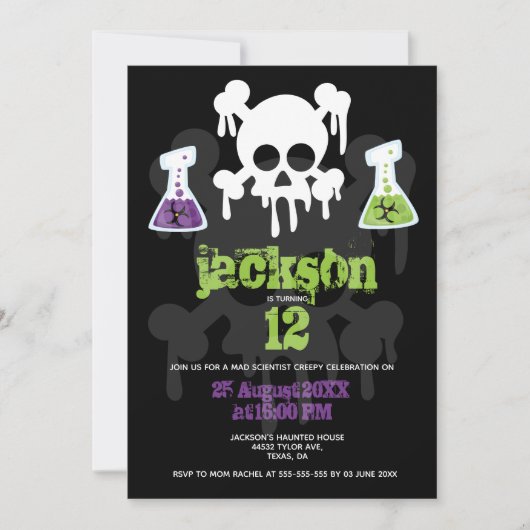キッズ不機嫌サイエンティストクリープスカルカスタム誕生日 招待状 (正面)