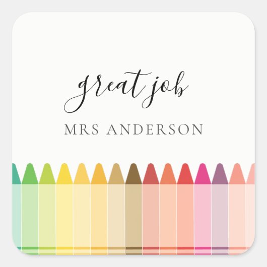 キッズ先生カラフルレインボークレヨン鑑賞 スクエアシール (正面)