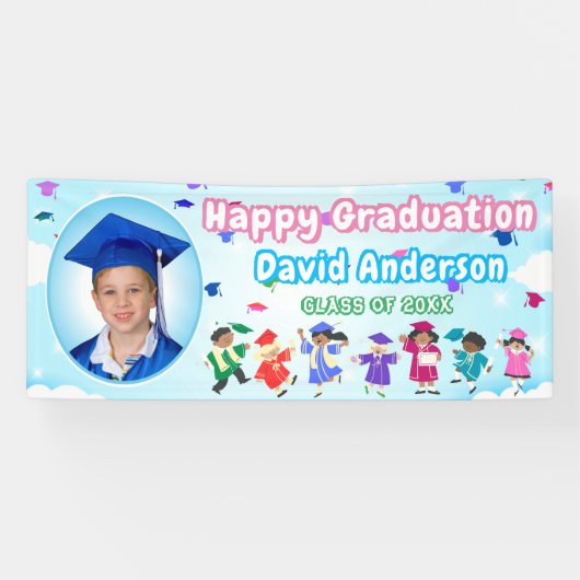 キッズ卒業生が卒業式キャップを投げるかわいい写真 横断幕 (横)