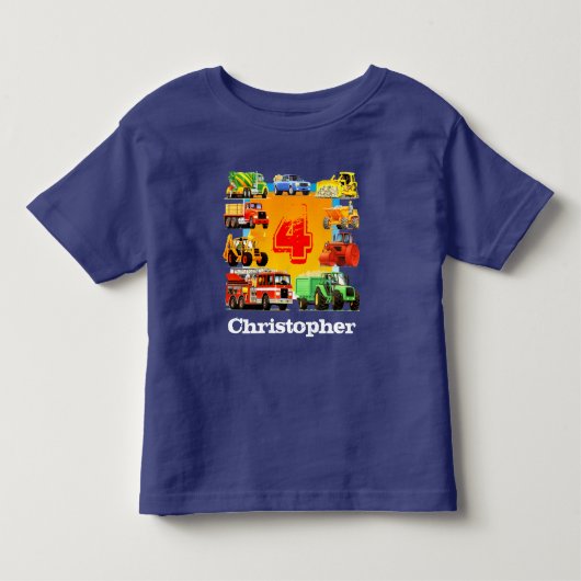 キッズ名前をカスタムする建築トラック4th誕生日 トドラーTシャツ (正面)