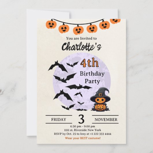 キッズ向けハロウィン 誕生日招待状 招待状 (正面)
