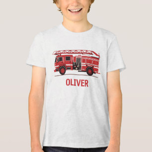 キッズ向け消防車のシルエットデザインTシャツ(赤・名入れ可) トライブレンドTシャツ