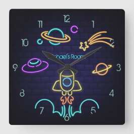 キッズ宇宙をテーマにしたネオンライト スクエア壁時計