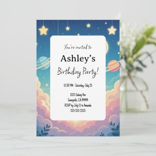 キッズ宇宙をテーマにした誕生日パーティー 招待状 (スタンド正面)