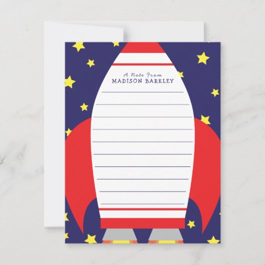 キッズ宇宙ロケット，かわいい平らな静止カードを船に乗せる サンキューカード (正面)