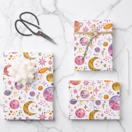 キッズ宇宙惑星の白い背景 ラッピングペーパーシート (正面)