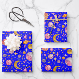 キッズ宇宙惑星の青い色の背景 ラッピングペーパーシート