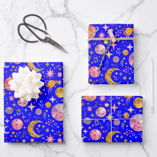 キッズ宇宙惑星の青い色の背景 ラッピングペーパーシート (正面)