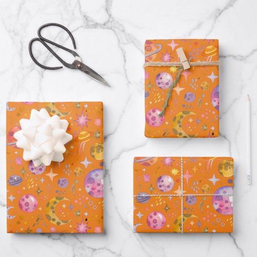 キッズ宇宙惑星オレンジ色の背景 ラッピングペーパーシート (正面)