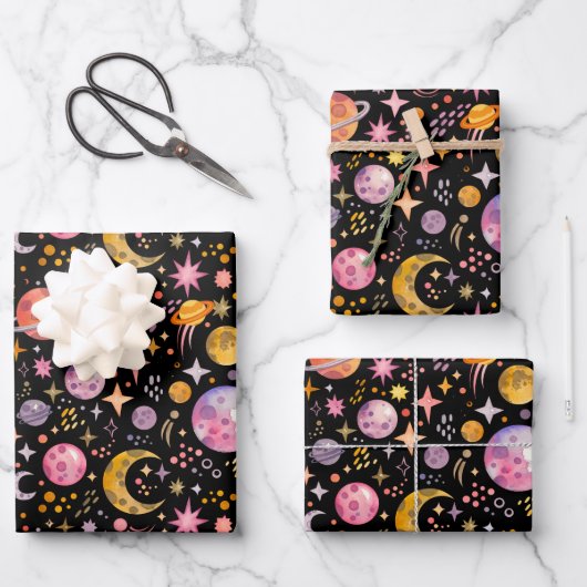 キッズ宇宙惑星ブラックカラー背景 ラッピングペーパーシート (正面)