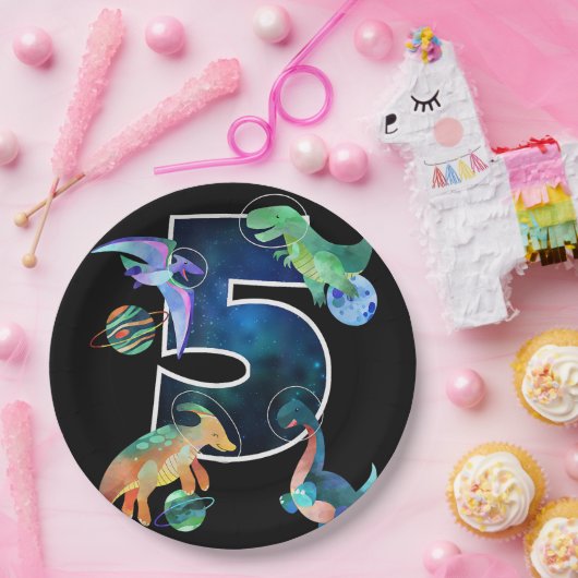 キッズ宇宙飛行士宇宙恐竜第5誕生日 ペーパープレート (パーティー)