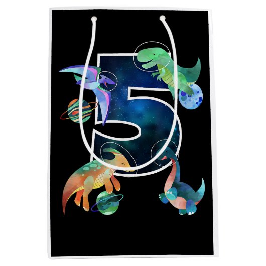 キッズ宇宙飛行士宇宙恐竜第5誕生日 ミディアムペーパーバッグ (正面)