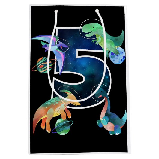 キッズ宇宙飛行士宇宙恐竜第5誕生日 ミディアムペーパーバッグ (正面)
