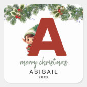 キッズ小妖精や小人イニシャルAクリスマス スクエアシール (正面)