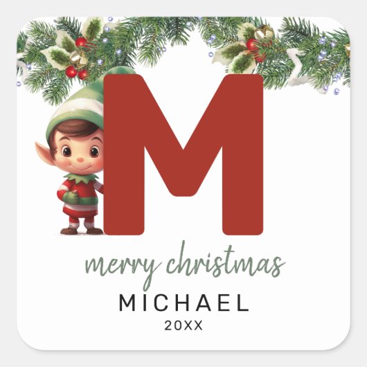 キッズ小妖精や小人イニシャルMクリスマス スクエアシール (正面)