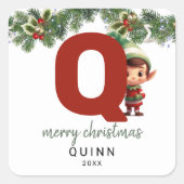キッズ小妖精や小人イニシャルQクリスマス スクエアシール (正面)