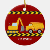 キッズ建築カスタムトラック男の子レッドクリスマス セラミックオーナメント (正面)