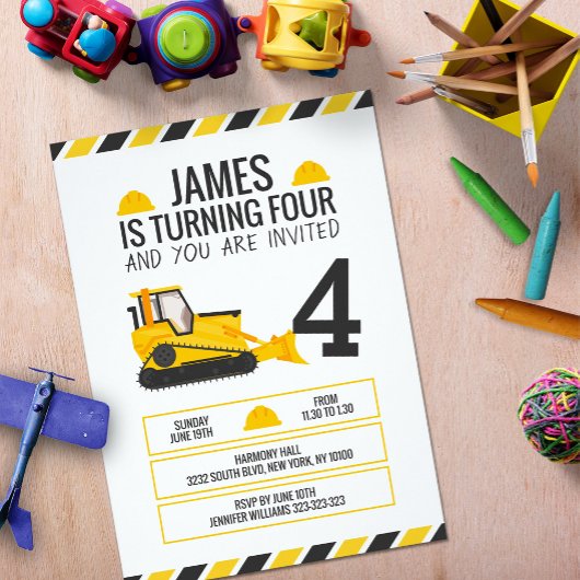キッズ建築ブルドーザー誕生日パーティー 招待状