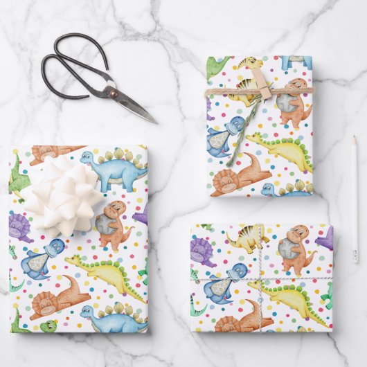 キッズ恐竜の動物の白い色の誕生日プレゼント ラッピングペーパーシート (正面)
