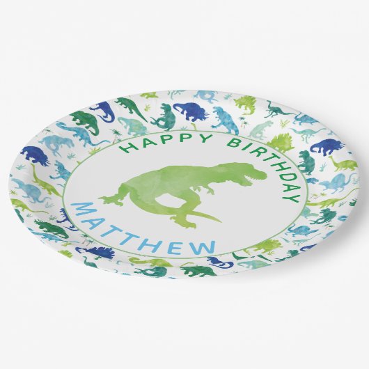 キッズ恐竜の誕生日パーティーパターングリーンディノ ペーパープレート (アングル)