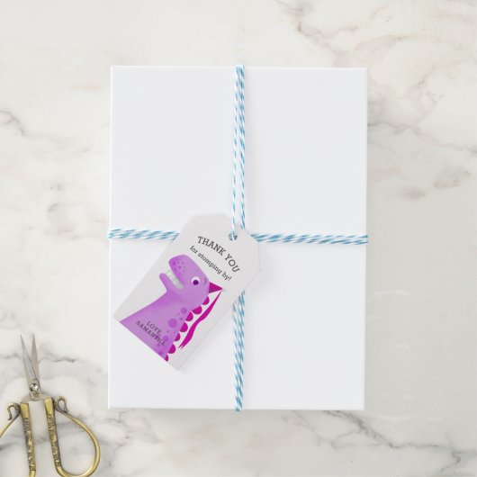 キッズ恐竜の誕生日パーティーピンクありがとう ギフトタグ (より糸付き)