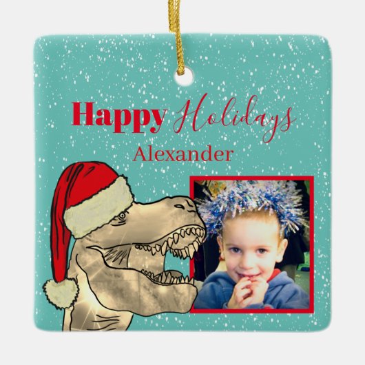 キッズ恐竜サンタパーソナライズされた セラミックオーナメント (正面)