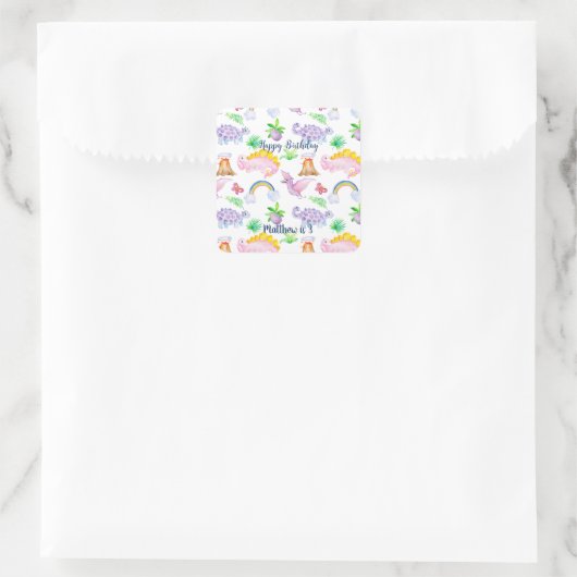 キッズ恐竜レインボーウォーターカラージャングル誕生日 スクエアシール (バッグ)