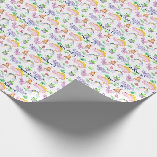 キッズ恐竜レインボーウォーターカラージャングル誕生日 ラッピングペーパー (角)