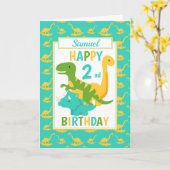 キッズ恐竜2ndバースデーブルー カード (黄色い花)