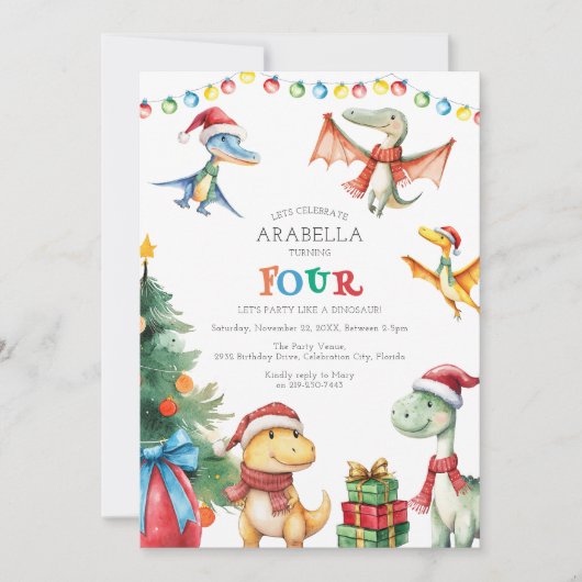 キッズ恐竜4番目の誕生日パーティーの招待状 招待状 (正面)