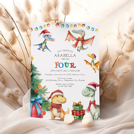 キッズ恐竜4番目の誕生日パーティーの招待状 招待状